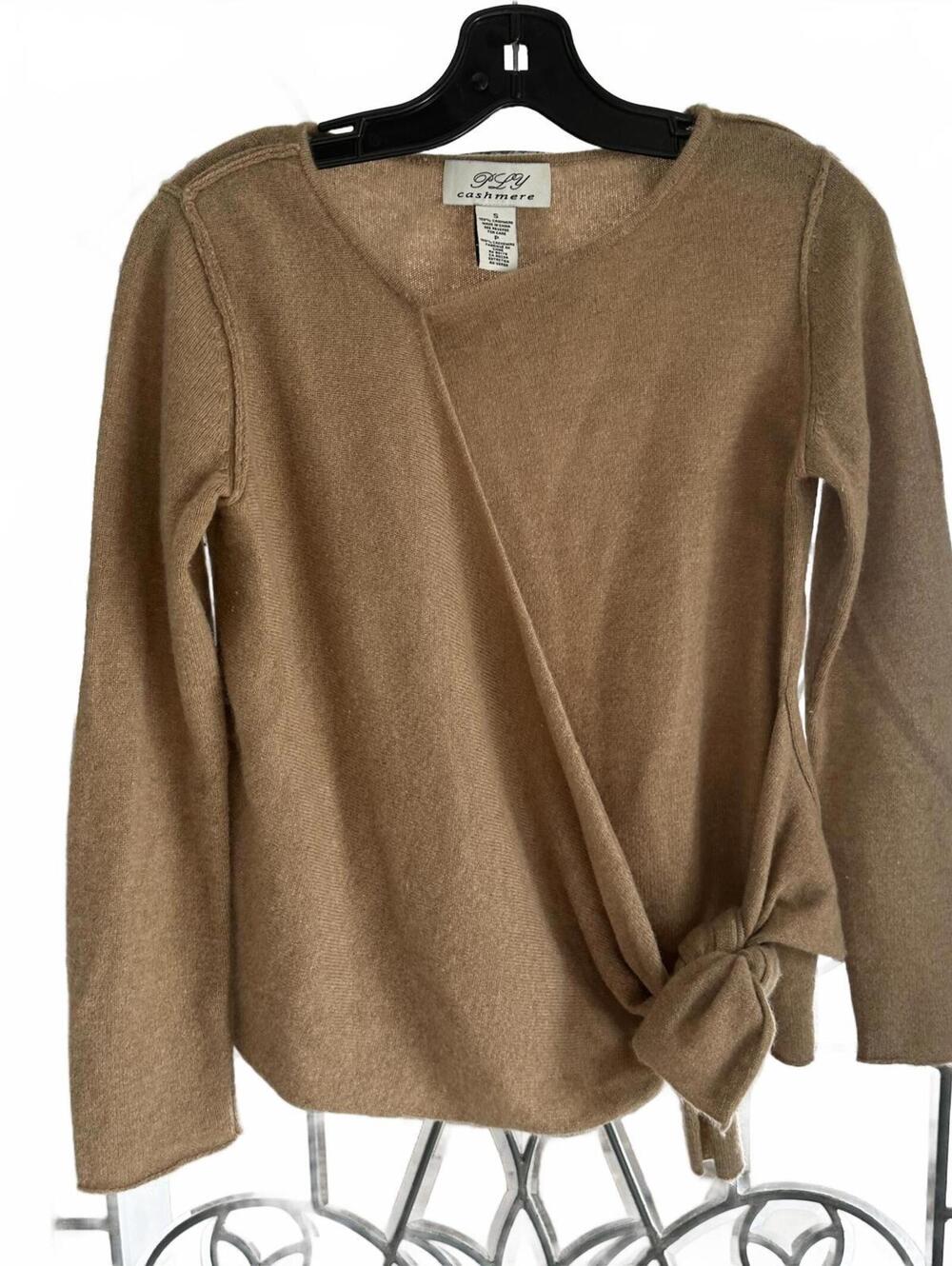 PLY Cashmere Tan Wrap Sweater with Knot Detail 100% Cashemere- Small